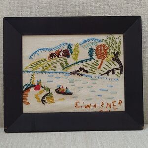 Vintage 1970's Handmade Crewel Fall Country Farm Scene Wood Framed Art Signed